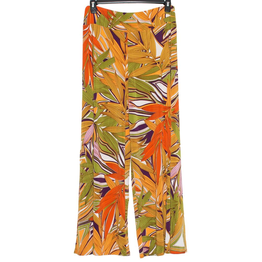 Wide Leg Tropical Pull On Stretch Resort Pants L Palazzo Boho Y2K Flowy Vacation